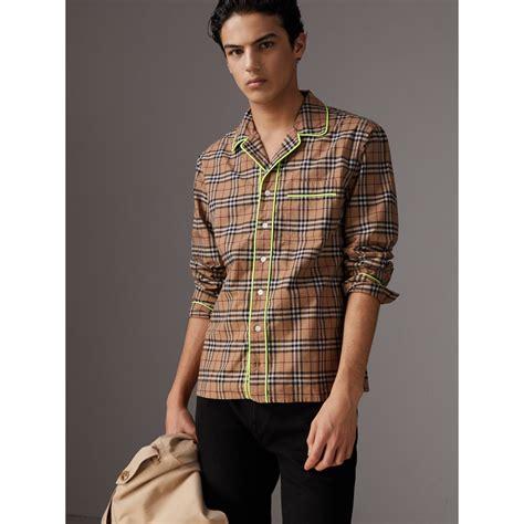 contrast piping check cotton pyjama-style shirt burberry|Check Silk Pyjama Shirt in Snug .